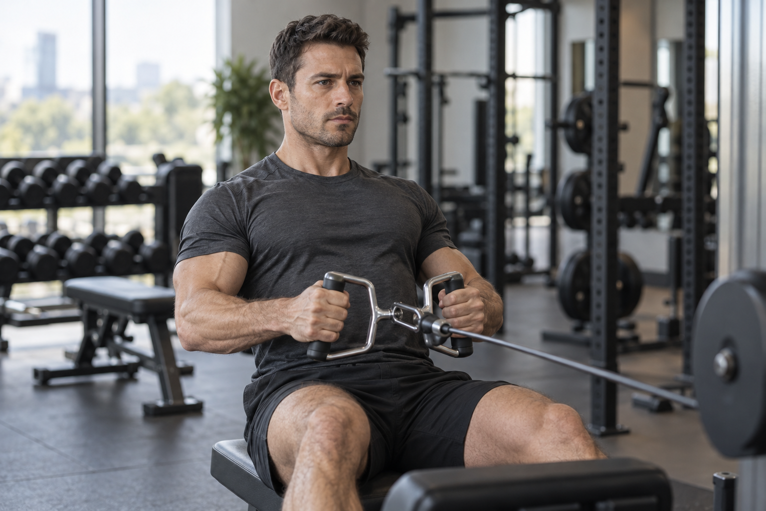 Fitness lifestyle illustration of a man performing a seated cable row in a gym