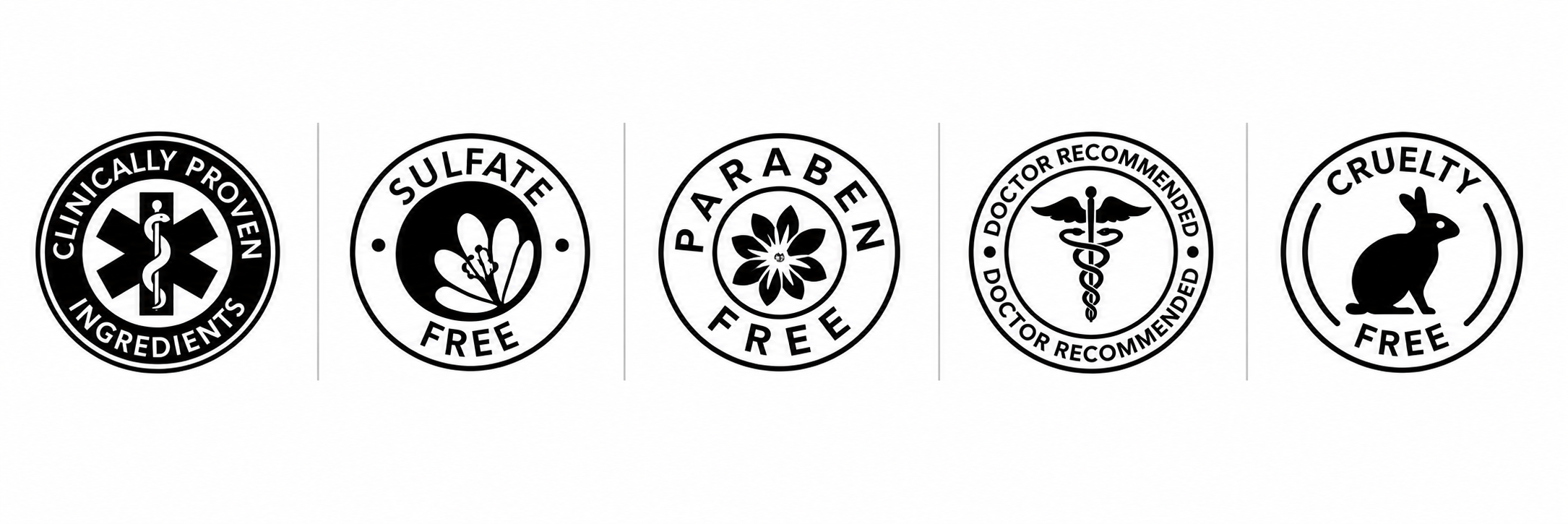 Regenepure badges: clinically proven ingredients, sulfate free, paraben free, doctor recommended, cruelty free